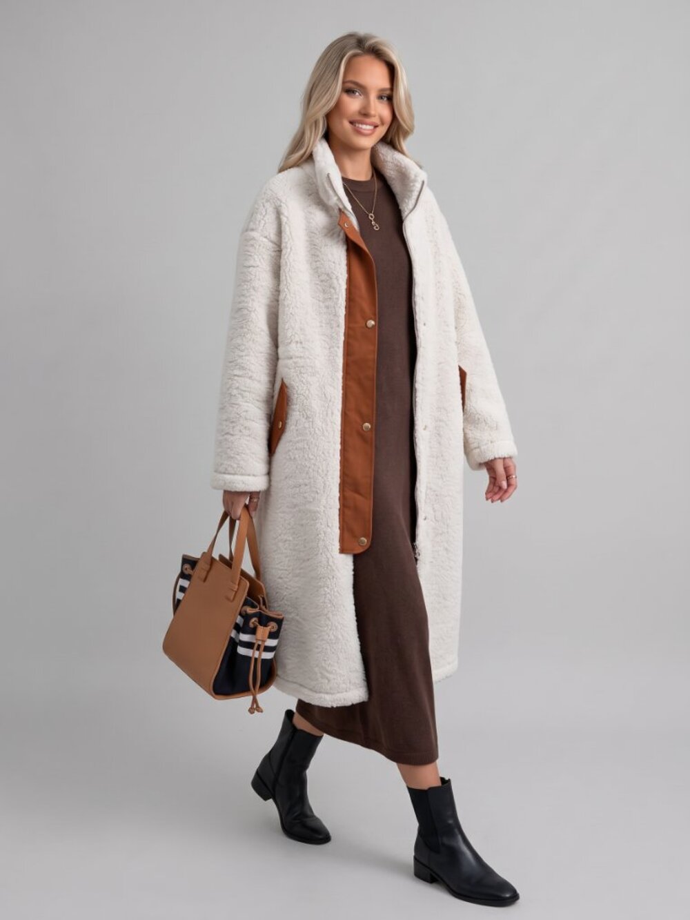 Women's Off White Fuzzy Zip Up Coat High Collar Pockets Casual Winter Jacket - Picture 2 of 4